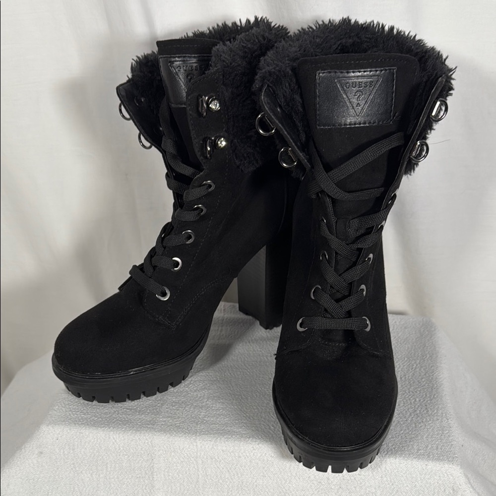 Guess Faux Fur Suede Black Heeled Boots